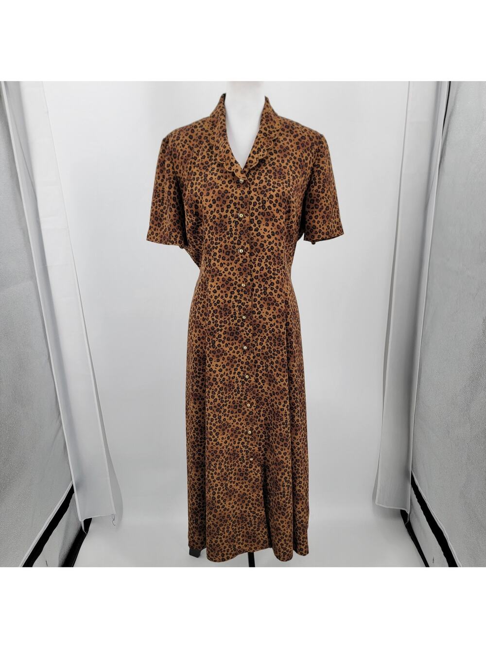 Leslie Fay Dress Womens Petite 14P Animal Print Button Up Tie Back Brown Vintage